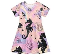 ISAOA Vestido colorido de caballito de mar con conchas marinas de coral para niñas, absorbe la humedad, secado rápido, vestido casual acampanado para niños pequeños y niños (2T-8T), #01, 4 años