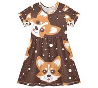 ISAOA Vestido de manga corta para niña, diseño de perro corgi de dibujos animados con lunares blancos, absorbe la humedad, secado rápido, vestidos casuales para niños pequeños y niños (2T-8T)