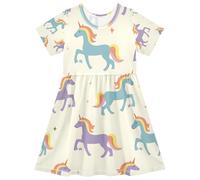 ISAOA Vestido de manga corta para niña, diseño de unicornios morados y azules, absorbe la humedad, de secado rápido, vestido casual acampanado para niños pequeños y niños (2T-8T)