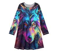 ISAOA Vestido de manga larga para niñas, vestido casual de lobo morado estrellado, vestido acampanado para niños de 3 a 11 años, #01, 3 años