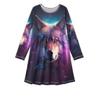 ISAOA Vestido de manga larga para niñas, vestido casual de lobo morado estrellado, vestido acampanado para niños de 3 a 11 años, #01, 3 años