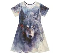 ISAOA Vestido de verano para niñas pequeñas, vestido de verano de manga corta, 2-8T, lobo de fantasía, multicolor, 7-8 años