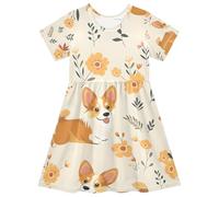 ISAOA Vestido vintage de manga corta para niña, diseño de perro con flores, absorbe la humedad, secado rápido, vestido casual acampanado para niños pequeños y niños (2T-8T)