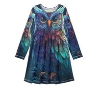 ISAOA Vestidos de manga larga para niñas, vestido de manga larga, diseño de búho, vestido casual para niños, vestido acampanado para niños de 3 a 11 años, #01, 9-10 años