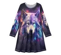 ISAOA Vestidos de manga larga para niñas, vestido de manga larga, estampado colorido de lobo, galaxia, vestidos casuales para niños, vestido acampanado para niños de 3 a 11 años, #01, 10-11 años