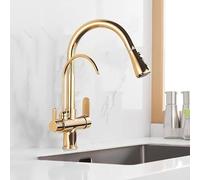 ISCBAFYX ANWEALTH Grifo de Cocina de latón Dorado de Lujo de 3 vías con Filtro de Agua, Giratorio de 360°, pulverizador de Doble función, Montaje en Cubierta de un Solo Orificio, Dorado metálico,