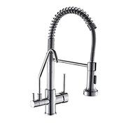 ISCBAFYX Grifo de Cocina Grifo de Agua Potable de 3 vías Grifo de Cocina con rociador desplegable Grifo de Fregadero de Cocina con manijas Dobles Filtro de Agua de Arco Alto 3 en 1,
