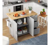 ISCBAFYX Isla de Cocina móvil con Mesa Plegable, 3 cajones, 2 armarios de Almacenamiento, Ruedas con Cerradura, toallero, 135 x 70 x 90 cm, Espacios pequeños y Comodidad para cocinar