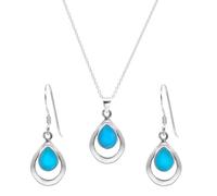 ISCBAFYX Juego de Joyas de Plata de Ley con Forma de lágrima Abierta y Turquesa para Mujer - Pendientes Colgantes en Forma de Pera 925 - Collar y Piedra Natal Azul Minimalista Regalo de Piedras