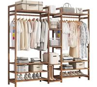 ISCBAFYX Perchero Independiente de bambú con Barra para Colgar, 2 estantes y Ganchos, Perchero de Madera Natural para Almacenamiento en Dormitorio y Pasillo, Elegante Armario Abierto