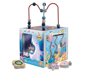 isciani - Montessori Wood - Cubo de Actividades sensorial Montessori para niños Desde 3 años - Juguete Educativo de Madera con 6 Actividades Tema océano - Motricidad Fina