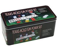 ISDI Set de póker Caja de Metal, 200 fichas de póker, 2 Cubiertas, botón de repartidor, ciega pequeña, Gran ciega, tapete de Juego