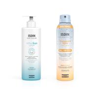 ISDIN After Sun Lotion, Efecto calmante y refrescante, hidratación y reparación intensa - 400 ml+Fotoprotector Transparent Wet Skin SPF 50 - Protector solar Corporal, Spray transparente