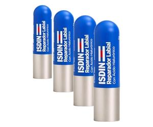ISDIN Reparador Labial Stick, Reparador Labial en barra con ácido hialurónico que protege y repara los labios, 4g (Paquete de 4)