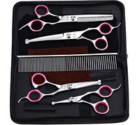 iSeaFly Tijeras para perros con punta redonda, juego de tijeras 5 en 1, tijeras de acero inoxidable para el cuidado del pelo, tijeras de pelo para todo el cuerpo, cara, nariz, oreja (rosa)