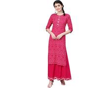 ishin Conjunto de traje Kurta rosa con estampado de Gotta Patti Bandhani, de algodón puro, con palazzo, Rosa, S