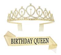 ISIYINER Cumpleaños Corona, Cristal Tiara Corona de Cumpleaños y Faja de Cumpleaños para Niñas Mujeres para Fiestas de Feliz cumpleaños Favores Decoraciones (Dorado)