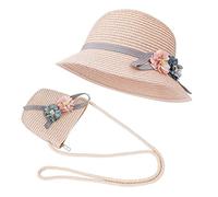 ISIYINER Sombrero de Paja Niñas Gorra de Sol Chica y Bolsillo Set con Decoracion de flores Gorro de Playa para Viaje Beach Piscina al Aire Libre