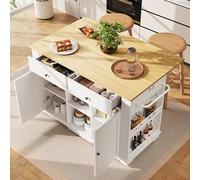 Isla de cocina, carrito de cocina equipado con regleta, armario de cocina, carrito de servir con encimera, armario de bufé, carrito de comedor con vetas de madera, armario de bufé, color blanco (151,5