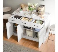 Isla de Cocina con 3 Cajones y 3 Puertas, Diseño Mármol Blanco, Estantes Regulables, Cajones Silenciosos y Zona de Barra, para Organización Moderna, 120x60x90,5 cm