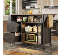 Isla de cocina con divisores extraíbles, carro comedor con encimera, armario buffet, carro comedor con vitrina de cristal en grano de madera, luces LED, con toallero (negro, 139 x 40 x 94 cm)