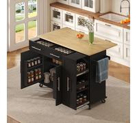 Isla de cocina con hoja de gota, carrito de almacenamiento con organizador de 3 niveles, estante de almacenamiento interno, carrito con ruedas con toallero y 2 cajones para comedor, 120 x 65 x 90 cm
