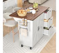 Isla De Cocina Con Hojas Abatibles, Isla Rodante Con Especiero Y Toallero, Portacuchillos, Carrito Isla De Cocina, Mesa Isla Móvil Para Cocina, 140 X 90,5 X 45-73 Cm, Blanco