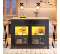 Isla de cocina con LED, mesa alta, aspecto de madera, ajustable, 100 × 80 × 90 cm, color negro