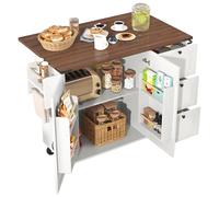 Isla De Cocina Con Ruedas De 140 Cm, Carrito De Cocina Con Encimera Abatible, Mesa Isla Con 3 Cajones Y Toallero, Armario De Estilo Rústico Para Comedor - Blanco