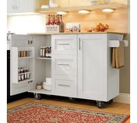 Isla de Cocina con Ruedas Extraíbles, Carrito de Comedor con Cajón Divisorio y Toallero Lateral, Mueble Auxiliar con Barra de Trabajo, Estructura en Madera Natural y Color Blanco