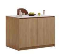 Isla de cocina de madera con parte superior de piedra, armarios de almacenamiento y estantes, diseño compacto para espacios pequeños, muebles de cocina elegantes y funcionales (marrón)