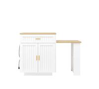 Isla de cocina extensible 121,5-192cm - con enchufe integrado, puertas ranuradas verticales, 1 cajón y estantes - blanco