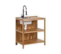 Isla de cocina exterior de madera de acacia con fregadero y grifo estantes 50 x 80 x 90 cm encimera de madera maciza acero inoxidable marrón y negro Venosa