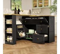 Isla de cocina independiente giratoria 360°, extensible, 138-204 cm, armario de cocina con estante para aperitivos y puertas en relieve 3D, mesa de bar con espacio de almacenamiento y cajones