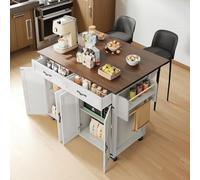 Isla de Cocina Móvil con Ruedas, Carrito de Cocina con 2 Cajones Grandes, Toallero y Especiero, Mueble Auxiliar Ajustable, Madera Roble, 121x46x91 cm Blanco