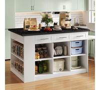 Isla de cocina multifuncional con 150 cm+96 cm, mesa de comedor extensible blanca, encimera de madera de mármol blanco y negro, armarios de almacenamiento integrados, ideal para cocinas familiares