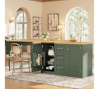 Isla de cocina multifuncional con mesa de comedor extensible, mostrador convertible, placas ajustables 360°, gran cajón de diseño moderno, 197 x 80 x 74 cm (verde)