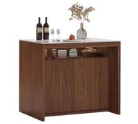 Isla de cocina multifuncional independiente con parte superior de piedra, estantes abiertos de madera y puertas de gabinete, tamaño pequeño, ideal para cocinas modernas (marrón)