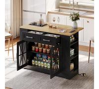 Isla de cocina portátil de 120 cm con mesa de comedor plegable, estante abierto, puerto CA, puerto USB, puerta de cristal, laminado ajustable, ruedas con frenos para cocina, comedor, sala de estar y