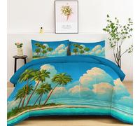 Isla Tropical Palmeras Edredón Sin Funda Reversible Estampado Retro Ligero y Cálido Microfibra Edredón Acolchado, Azul Suave Transpirable 4 Estaciones Lavable Esponjoso Edredones 220 x 240 cm