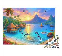 Isla Tropical Puzzle de 1000 Piezas Papel para Adultos Delfines al Atardecer Juego de Puzzle Puzzle para Toda la Familia Decoración Antiestrés 52x38cm/1000pcs