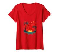 Island Vibes Only: Escapada al Atardecer al paraíso Tropical Camiseta Cuello V, Mujer, Rojo, L