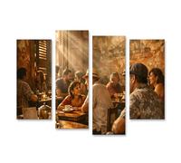 islandburner Cuadro sobre lienzo Acogedor café con conversaciones alegres y luz cálida - 4 piezas