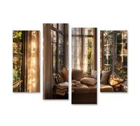 islandburner Cuadro sobre lienzo Acogedor rincón de lectura con luz solar y grandes ventanales - 4 piezas