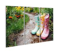 islandburner Cuadro sobre lienzo alegres botas de goma en el jardín impresión artística habitación infantil para pequeños aventureros - 3 piezas