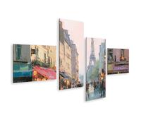 islandburner Cuadro sobre lienzo animada escena callejera parisina con la Torre Eiffel como mural - 4 piezas - Edición I1