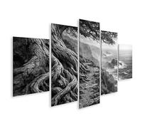 islandburner Cuadro sobre lienzo árbol en acantilado con raíces y vistas al mar en blanco y negro - 5 piezas