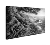 islandburner Cuadro sobre lienzo Árbol en acantilado con raíces y vistas al mar en blanco y negro - Edición B1