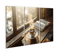 islandburner Cuadro sobre lienzo área de lectura soleada con café y libro sobre mesa rústica - 3 piezas