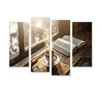 islandburner Cuadro sobre lienzo área de lectura soleada con café y libro sobre mesa rústica - 4 piezas